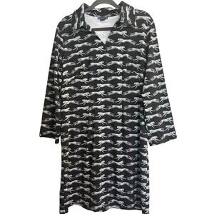 Chic Melly M Cheetah Print Shift Dress Black Blue Long Sleeve V-Neck Large